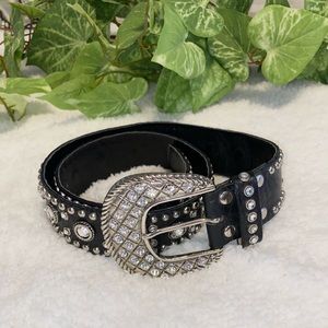 Black Leather Rhinestone Belt and Buckle